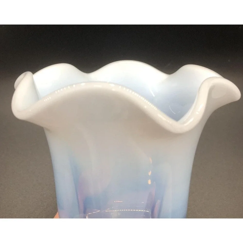 Blue White Opalescent Fade Art‎ Glass Vase Ruffled Rim MCM Style 4
